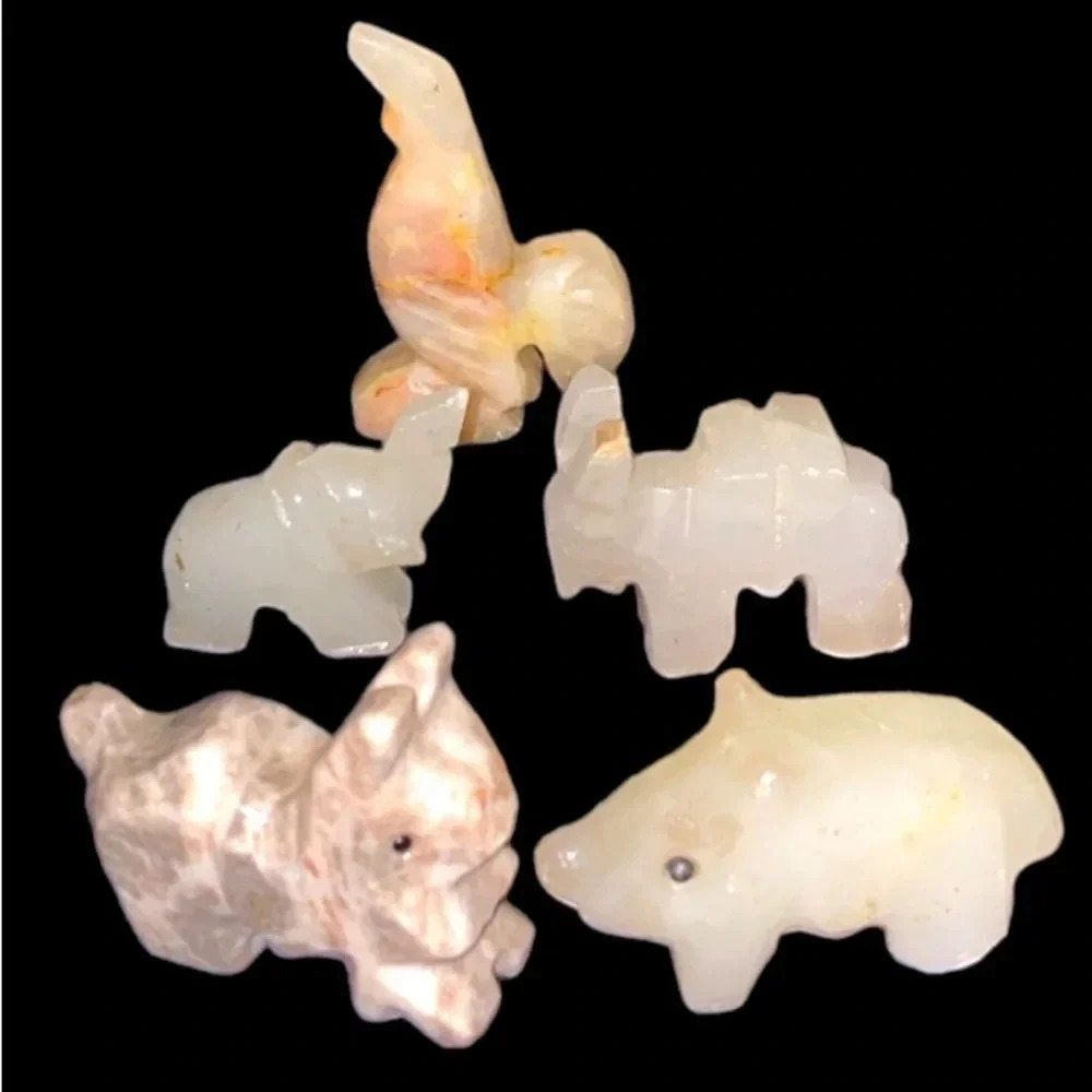 Lot 5 Marble Agate Hand Carved Burro Donkey Pig Elephant Rooster Rabbit 2-3"